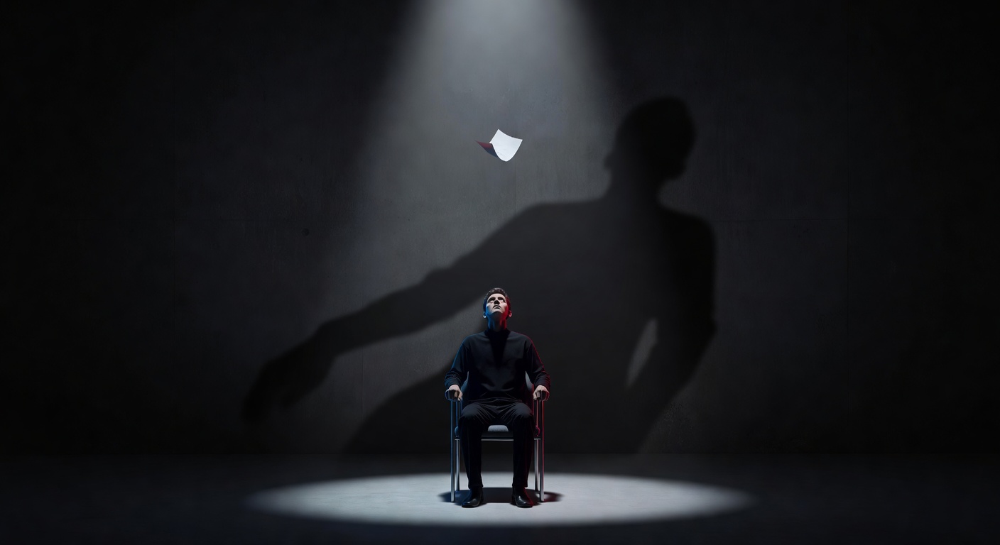Una figura sentada sola bajo un foco de luz, mirando un pequeño papel que proyecta una sombra enorme