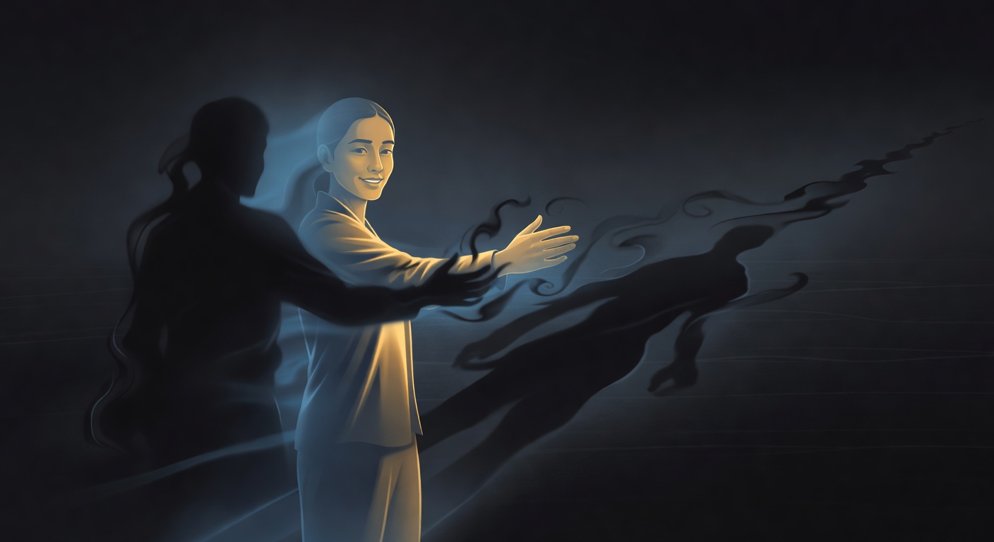 Una figura que se extiende hacia una sombra que se disuelve, con un rastro de sombras disueltas detrás