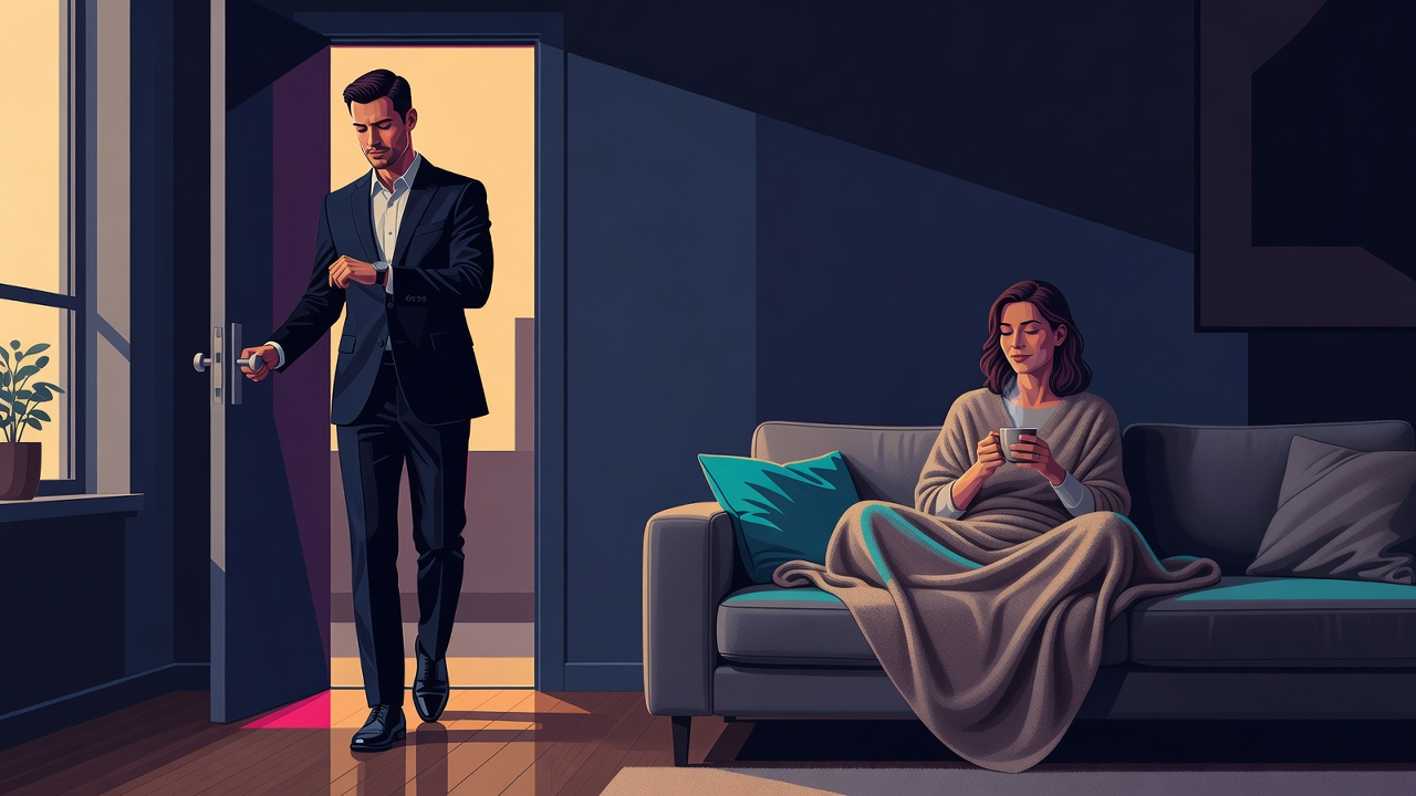 Una persona de la pareja saliendo de noche mientras la otra se queda acomodada en el sofá bajo una manta